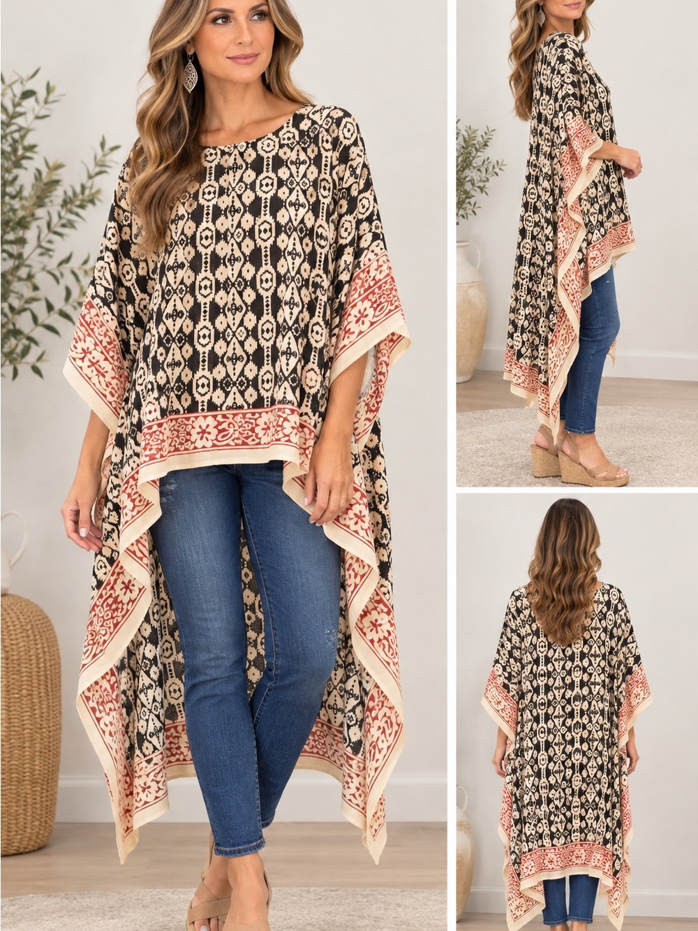 NWT Jaded Gypsy Black & Cream Boho Printed Poncho Tunic with Coral Trim